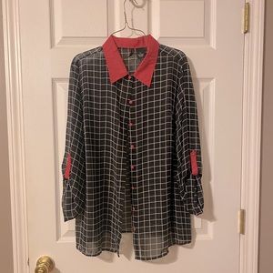 EUC Long Sleeve Button Down Plus Size Black, White, and Pink Top Size 2X